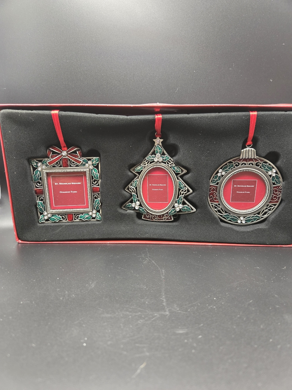 St. Nicholas Square Red Green Silver Holiday Ornament Frame Trio